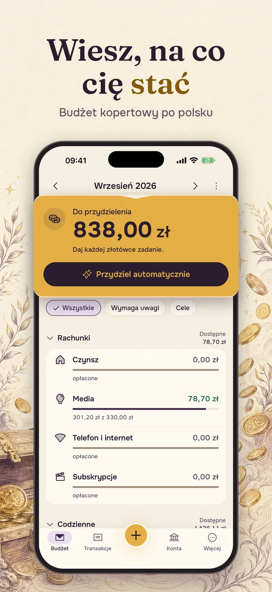 Ekran budżetu: 838 zł do przydzielenia i koperty z rachunkami. Nagłówek: Wiesz, na co cię stać.