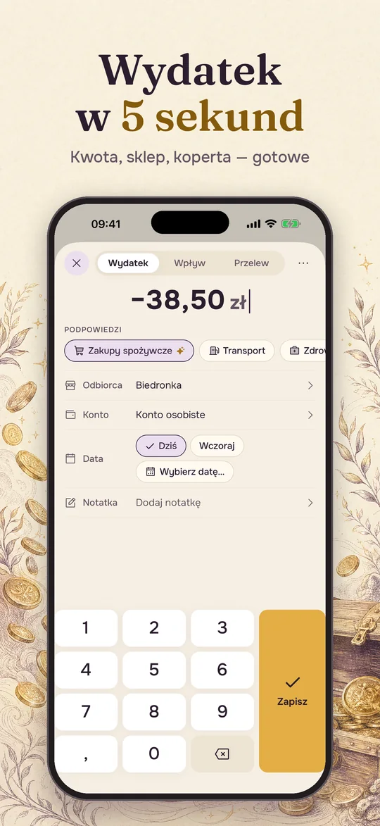 Szybkie dodawanie wydatku: kwota 38,50 zł, Biedronka, podpowiedź koperty Zakupy spożywcze.