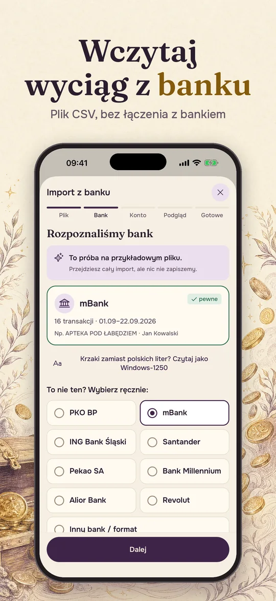 Import wyciągu CSV: Scarbo rozpoznał mBank, obok lista polskich banków.