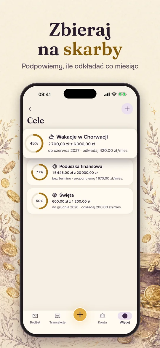 Cele oszczędnościowe: Wakacje w Chorwacji 45%, Poduszka finansowa 77%, Święta 50%.