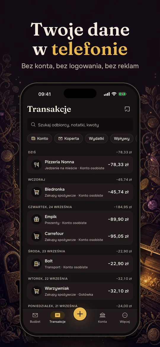 Lista transakcji w trybie ciemnym. Nagłówek: Twoje dane w telefonie.